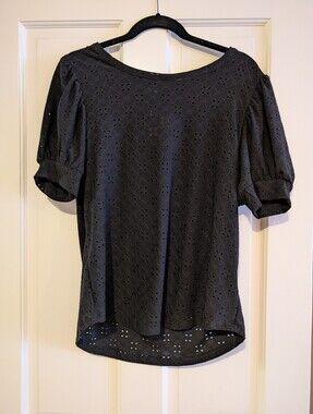 Women's Black Eyelet Puff-Sleeve Top